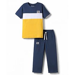 Pine Kids Cotton Knit Half Sleeves Cut & Sew T-Shirt & Lounge Pant Set with Patch Detailing - Navy Blue & Gold