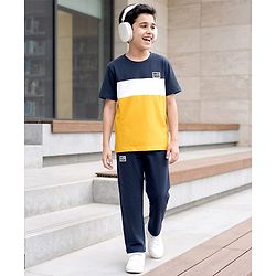 Pine Kids Cotton Knit Half Sleeves Cut & Sew T-Shirt & Lounge Pant Set with Patch Detailing - Navy Blue & Gold