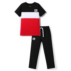 Pine Kids Cotton Knit Half Sleeves Cut & Sew T-Shirt & Lounge Pant Set with Patch Detailing - Red & Black