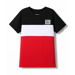 Pine Kids Cotton Knit Half Sleeves Cut & Sew T-Shirt & Lounge Pant Set with Patch Detailing - Red & Black