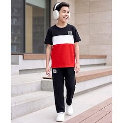 Pine Kids Cotton Knit Half Sleeves Cut & Sew T-Shirt & Lounge Pant Set with Patch Detailing - Red & Black