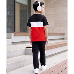 Pine Kids Cotton Knit Half Sleeves Cut & Sew T-Shirt & Lounge Pant Set with Patch Detailing - Red & Black