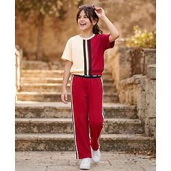 Pine Kids 100% Cotton Knit Half Sleeves Cut N Sew Top & Pant Set - Cream & Red