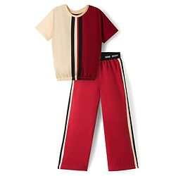 Pine Kids 100% Cotton Knit Half Sleeves Cut N Sew Top & Pant Set - Cream & Red