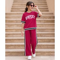 Pine Kids 100% Cotton Knit Half Drop Shoulder Sleeves Text Printed Top & Pant Set - Dark Pink