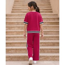 Pine Kids 100% Cotton Knit Half Drop Shoulder Sleeves Text Printed Top & Pant Set - Dark Pink