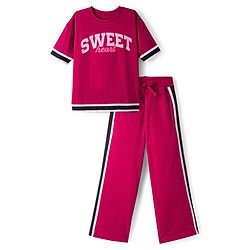 Pine Kids 100% Cotton Knit Half Drop Shoulder Sleeves Text Printed Top & Pant Set - Dark Pink