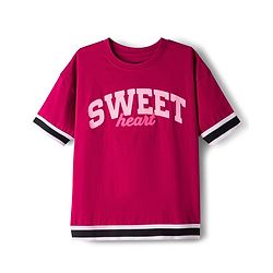 Pine Kids 100% Cotton Knit Half Drop Shoulder Sleeves Text Printed Top & Pant Set - Dark Pink