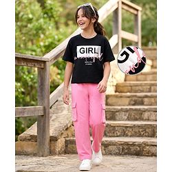 Pine Kids Cotton Knit Drop Shoulder Half Sleeves T-Shirt & Lounge Pant set with Text Foil Print - Black & Pink