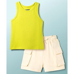 Pine Kids Cotton Knit Sleeveless Solid Top & Shorts Set - Light Green