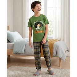 Pine Kids 100% Cotton Knit Half Sleeves Text Printed T-Shirt & Pyjama Night Suit With Checks Print - Green