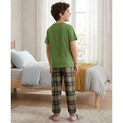 Pine Kids 100% Cotton Knit Half Sleeves Text Printed T-Shirt & Pyjama Night Suit With Checks Print - Green