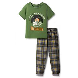 Pine Kids 100% Cotton Knit Half Sleeves Text Printed T-Shirt & Pyjama Night Suit With Checks Print - Green