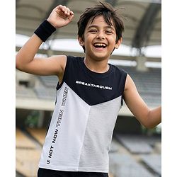Pine Kids Cotton Knit Sleeveless Text Printed Cut & Sew T-Shirt - Black, Grey & White
