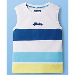Pine Kids Cotton Knit Sleeveless Striped T-Shirt with Text Print - White & Blue