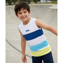 Pine Kids Cotton Knit Sleeveless Striped T-Shirt with Text Print - White & Blue