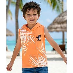 Pine Kids Cotton Knit Sleeveless Hooded T-Shirt With Tree Print - Orange