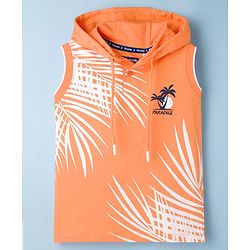 Pine Kids Cotton Knit Sleeveless Hooded T-Shirt With Tree Print - Orange