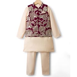 Pine Kids  Woven Full Sleeves Kurta Pajama Set with Jacket Floral Embroidery & Sequin Detailing - Wine