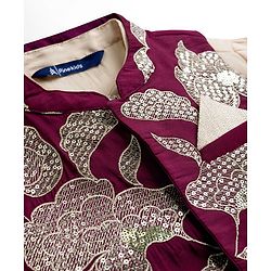 Pine Kids  Woven Full Sleeves Kurta Pajama Set with Jacket Floral Embroidery & Sequin Detailing - Wine