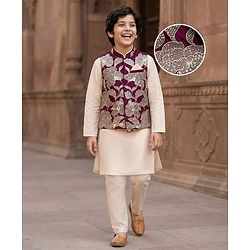 Pine Kids  Woven Full Sleeves Kurta Pajama Set with Jacket Floral Embroidery & Sequin Detailing - Wine