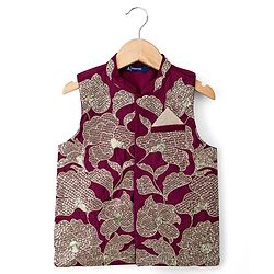 Pine Kids  Woven Full Sleeves Kurta Pajama Set with Jacket Floral Embroidery & Sequin Detailing - Wine