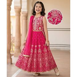 Pine Kids Woven Sleeveless Choli Lehenga With Dupatta Set With Floral Embroidery & Print - Dark Pink