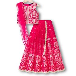 Pine Kids Woven Sleeveless Choli Lehenga With Dupatta Set With Floral Embroidery & Print - Dark Pink