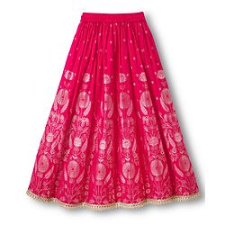 Pine Kids Woven Sleeveless Choli Lehenga With Dupatta Set With Floral Embroidery & Print - Dark Pink