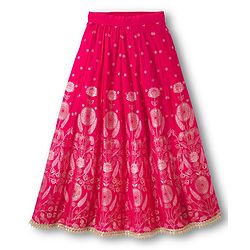 Pine Kids Woven Sleeveless Choli Lehenga With Dupatta Set With Floral Embroidery & Print - Dark Pink