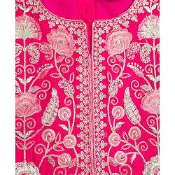 Pine Kids Woven Sleeveless Choli Lehenga With Dupatta Set With Floral Embroidery & Print - Dark Pink