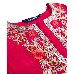 Pine Kids Woven Full Sleeves Kurti & Gharara & Dupatta Set With Floral Embroidery - Red