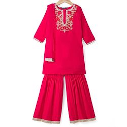 Pine Kids Woven Full Sleeves Kurti & Gharara & Dupatta Set With Floral Embroidery - Red