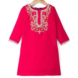 Pine Kids Woven Full Sleeves Kurti & Gharara & Dupatta Set With Floral Embroidery - Red