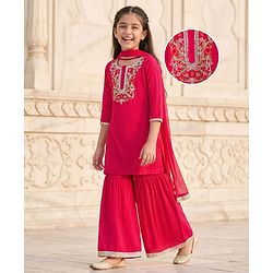 Pine Kids Woven Full Sleeves Kurti & Gharara & Dupatta Set With Floral Embroidery - Red