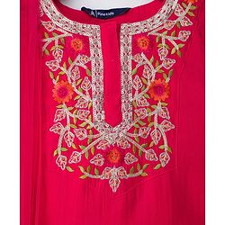 Pine Kids Woven Full Sleeves Kurti & Gharara & Dupatta Set With Floral Embroidery - Red