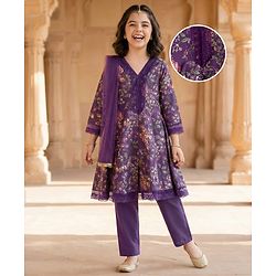 Pine Kids Full Sleeves Floral Printed Kurti & Chudidar Set With Dupatta - Purple