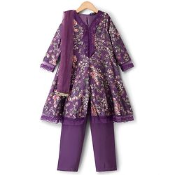 Pine Kids Full Sleeves Floral Printed Kurti & Chudidar Set With Dupatta - Purple