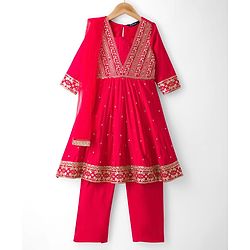 Pine Kids Woven Three Fourth Sleeves Kurti Churidar Set With Floral Embroidery & Dupatta - Fuchsia