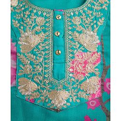 Pine Kids Woven Full Sleeves Floral Printed & Embroidered Kurti & Chudidar Set With Dupatta - Sea Green