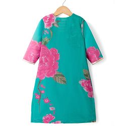 Pine Kids Woven Full Sleeves Floral Printed & Embroidered Kurti & Chudidar Set With Dupatta - Sea Green