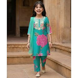 Pine Kids Woven Full Sleeves Floral Printed & Embroidered Kurti & Chudidar Set With Dupatta - Sea Green