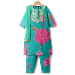 Pine Kids Woven Full Sleeves Floral Printed & Embroidered Kurti & Chudidar Set With Dupatta - Sea Green