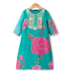 Pine Kids Woven Full Sleeves Floral Printed & Embroidered Kurti & Chudidar Set With Dupatta - Sea Green