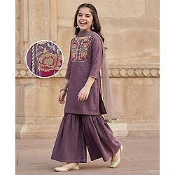 Pine Kids Woven Full Sleeves Kurti Gharara Set with Dupatta & Floral Embroidery - Purple