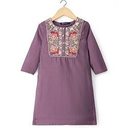 Pine Kids Woven Full Sleeves Kurti Gharara Set with Dupatta & Floral Embroidery - Purple