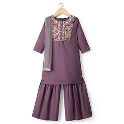 Pine Kids Woven Full Sleeves Kurti Gharara Set with Dupatta & Floral Embroidery - Purple