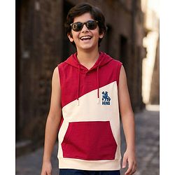 Pine Kids 100% Cotton Knit Sleeveless Hooded T-Shirt With Kangaroo Pockets - Red