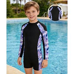 Pine Kids Full Raglan Sleeves Printed Legged Swimsuit - Black