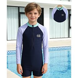 Pine Kids Raglan Full Sleeves Text Printed Legged Swimsuit - Navy Blue